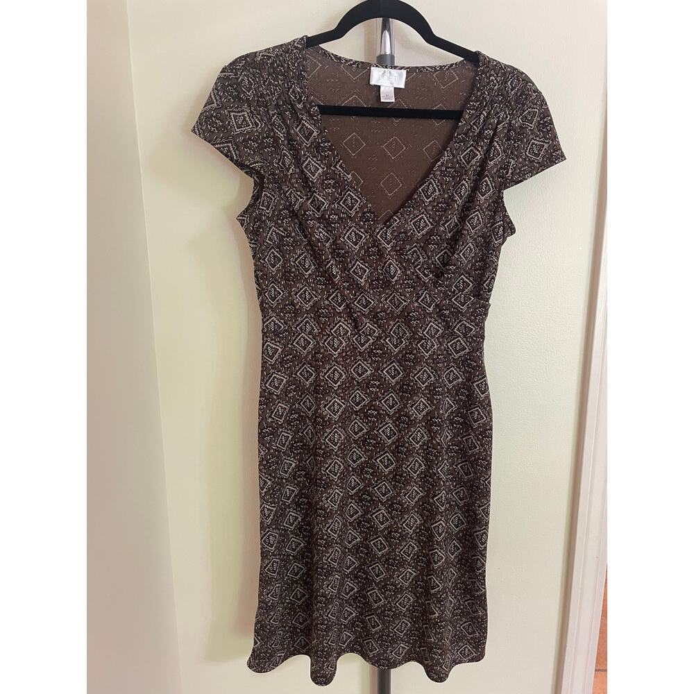 Ann Taylor Loft 6 Petite Dress Brown Academia V Neck Cap Sleeve Preppy Geometric